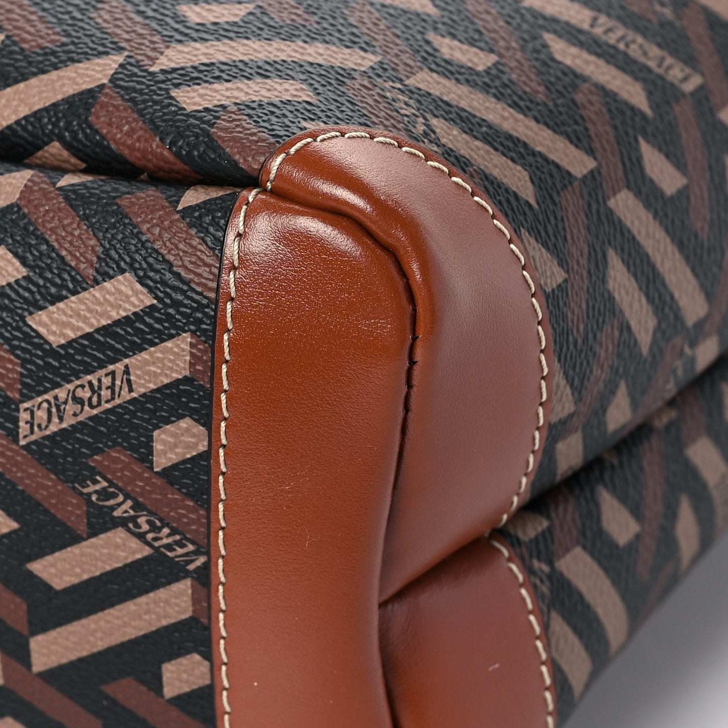 Coated Canvas Calfskin Small La Greca Signature Shopper Tote Bag Black Caramel