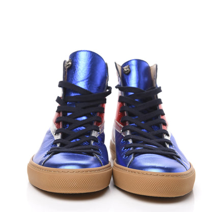 Gucci Metallic Calfskin Union Jack Mens High Top Sneakers 10 Red Silver Blue 2 of 8