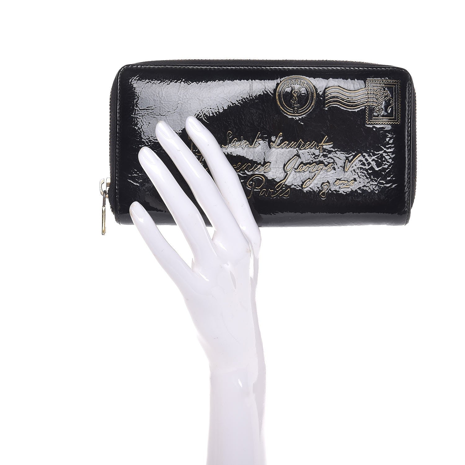 Saint Laurent Patent Y Mail Zip Around Wallet Black 2 of 7