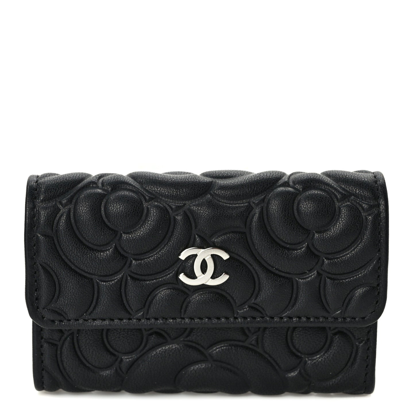 Goatskin Camellia Embossed Flap Card Holder Wallet Black