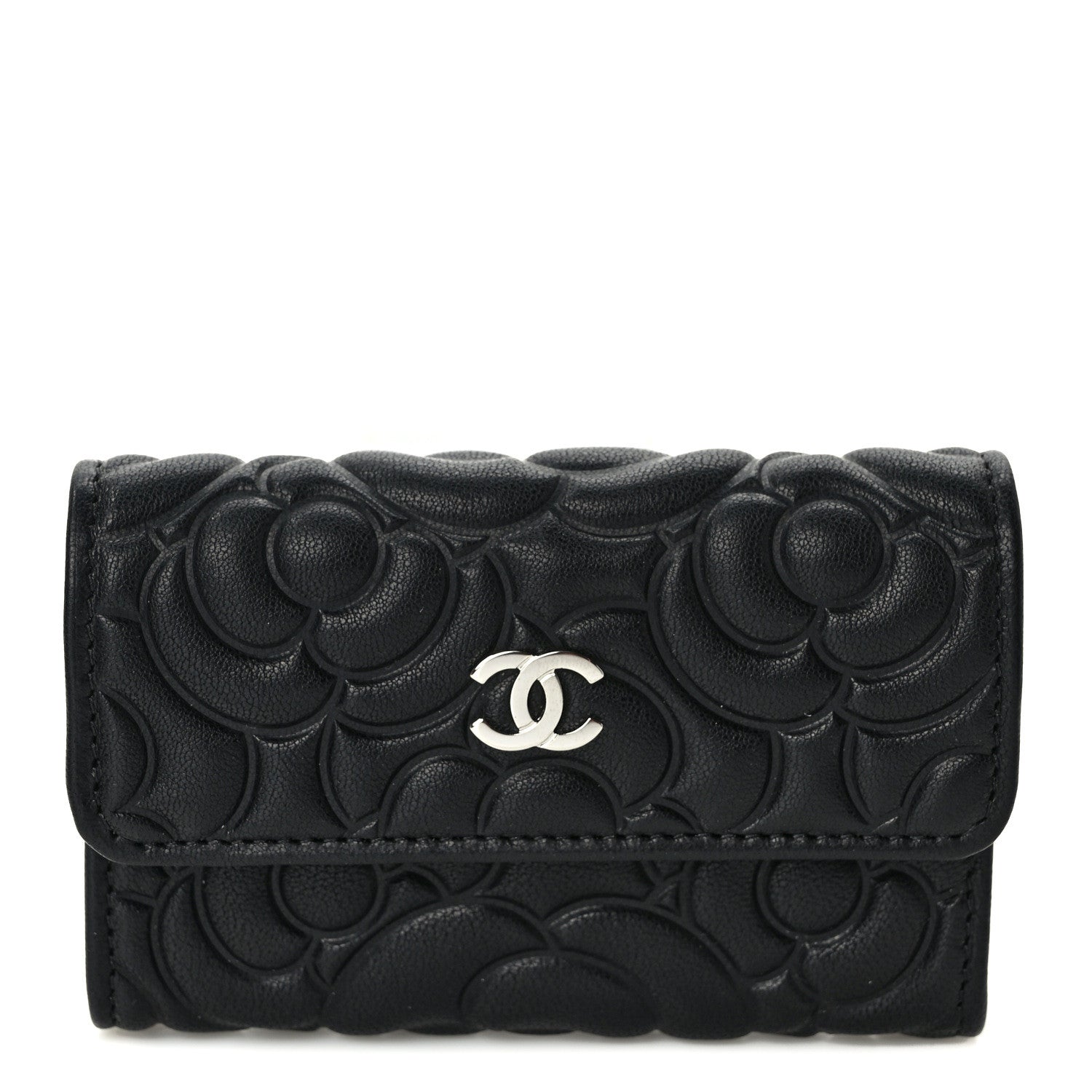 Chanel Goatskin Camellia Embossed Flap Card Holder Wallet Black 1 of 7