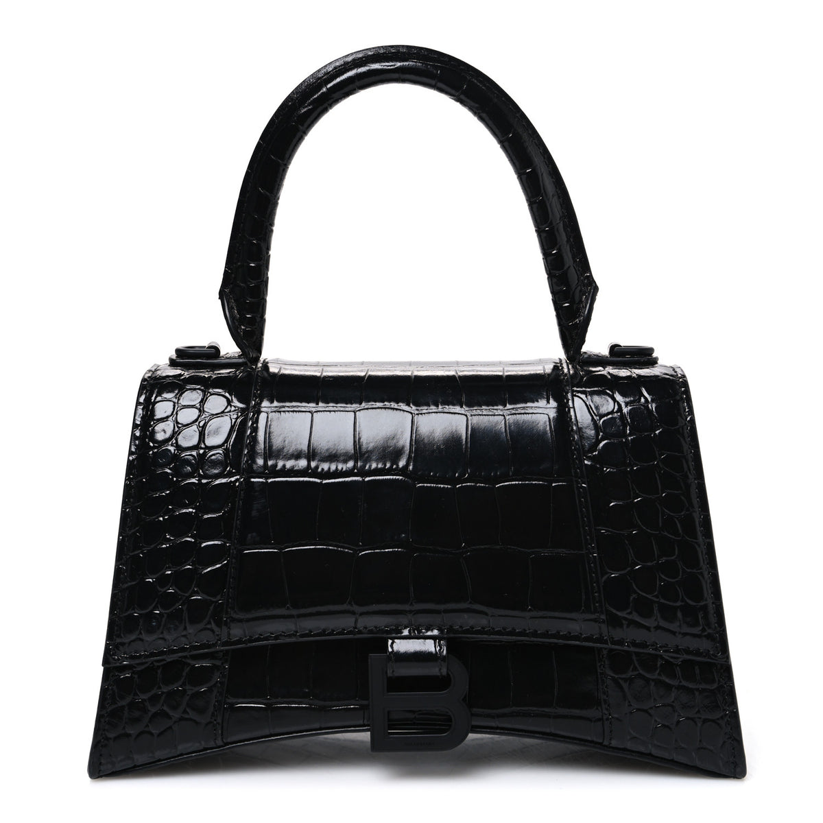 Balenciaga Shiny Calfskin Monochrome Crocodile Embossed Small Hourglass Top Handle Bag Black 1 of 11