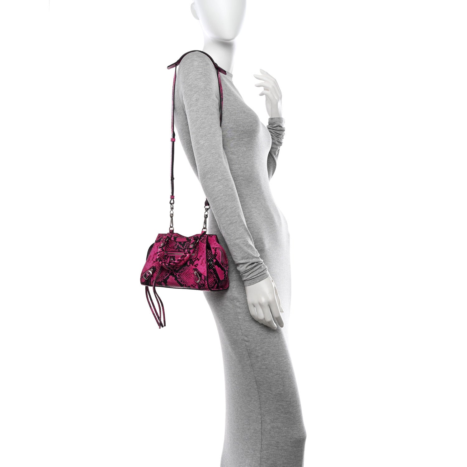 Balenciaga Calfskin Python Effect Neo Classic Silver Hardware Mini City Fuchsia Black 3 of 11