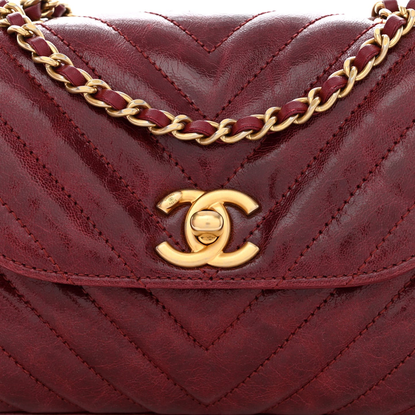 Glazed Calfskin Chevron Quilted Small Hampton Flap Burgundy