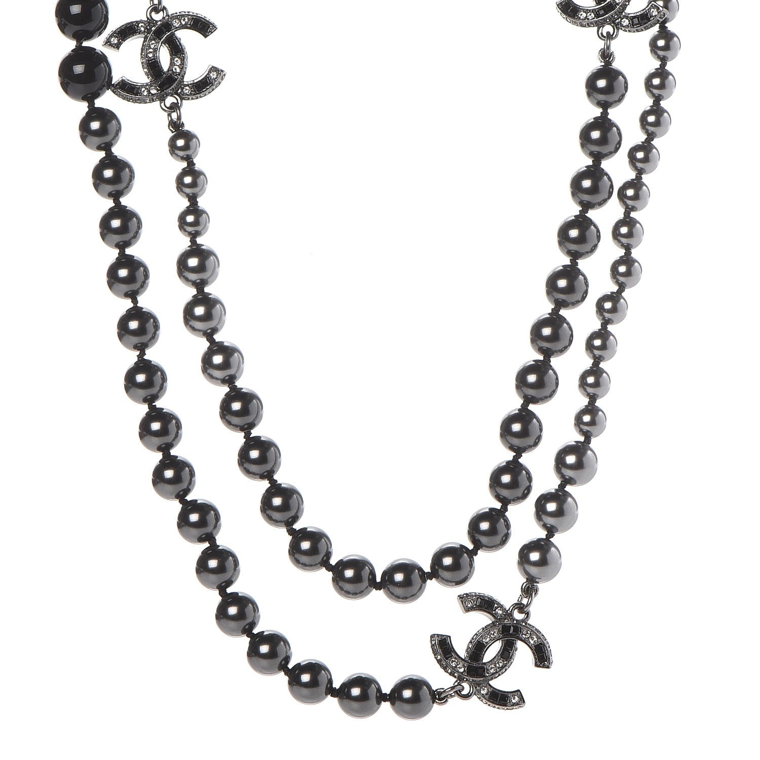 Chanel Ruthenium Graduated Bead Crystal CC Long Necklace Black 1 of 7