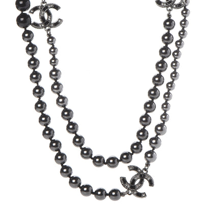 Chanel Ruthenium Graduated Bead Crystal CC Long Necklace Black 1 of 7