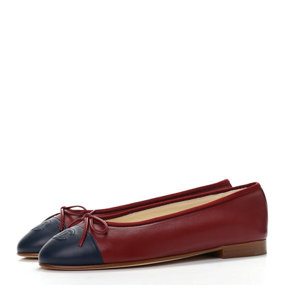 Chanel Lambskin CC Cap Toe Ballerina Flats 37 Red Navy 3 of 8