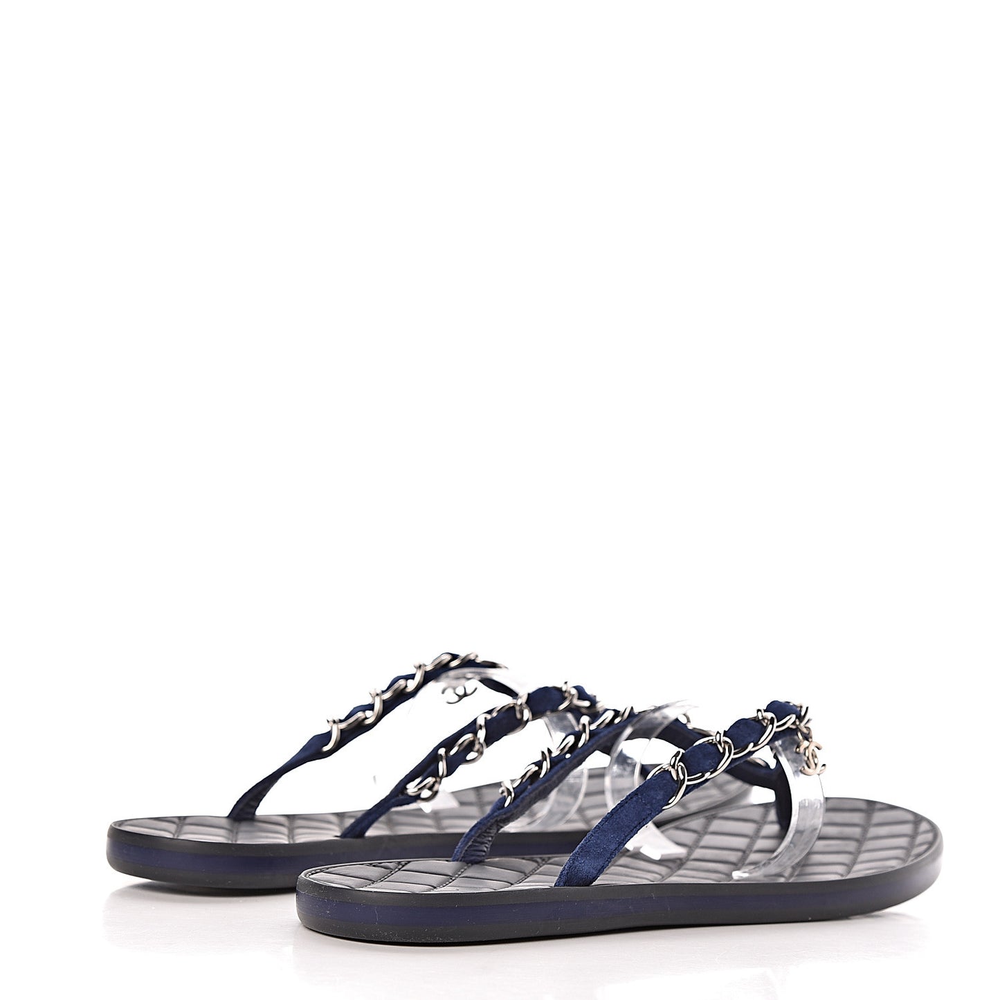 Suede Calfskin Quilted Chain Thong Sandals 36.5 Navy Blue