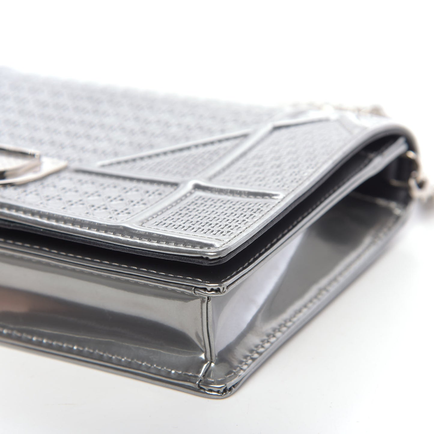Metallic Patent Micro-Cannage Diorama Wallet on Chain Pouch Silver