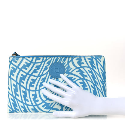 Fendi X SARAH COLEMAN Glazed Fabric Jacquard Vitello King FF Vertigo Medium Flat Pouch Cyber Blue White 2 of 9