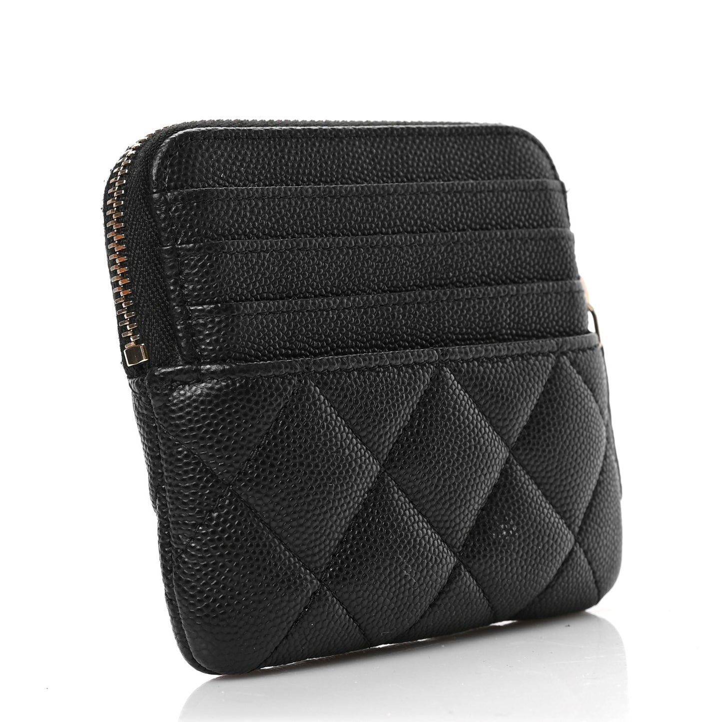 Caviar Metal Quilted Striated Zip Card Holder Wallet Black