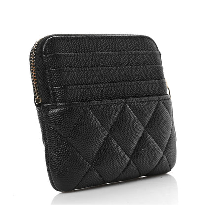 Chanel Caviar Metal Quilted Striated Zip Card Holder Wallet Black 3 of 7