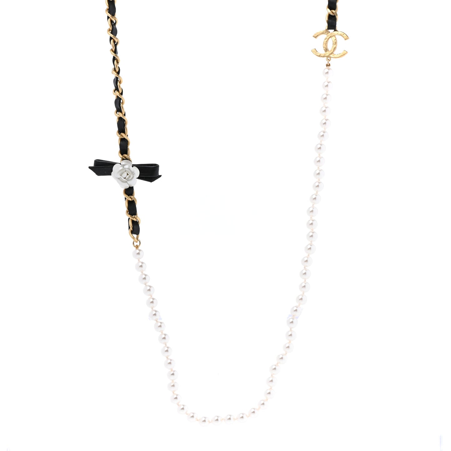 Calfskin Pearl Chain 90's Camellia Long Necklace Black Gold