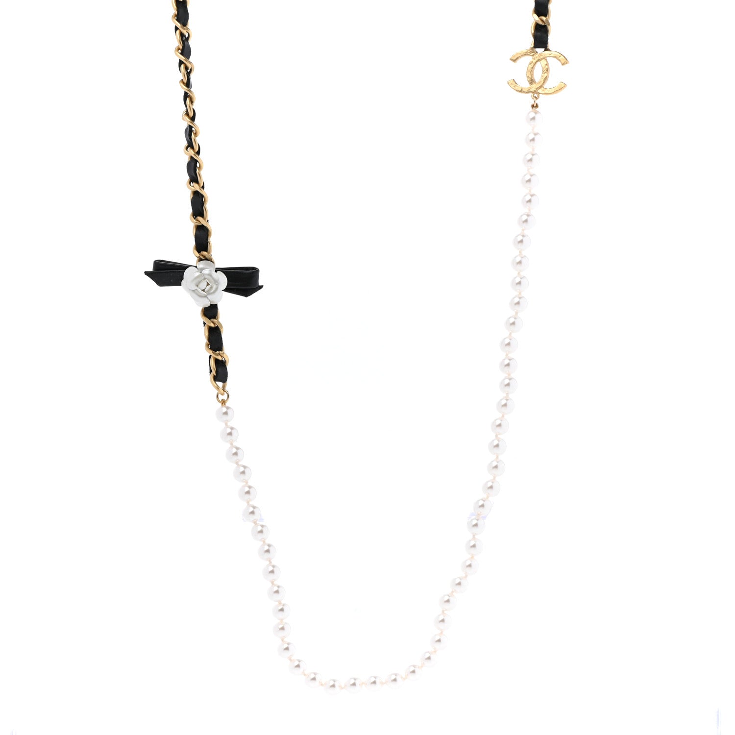 Chanel Calfskin Pearl Chain 90's Camellia Long Necklace Black Gold 1 of 6