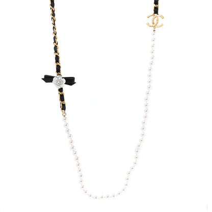 Chanel Calfskin Pearl Chain 90's Camellia Long Necklace Black Gold 1 of 6