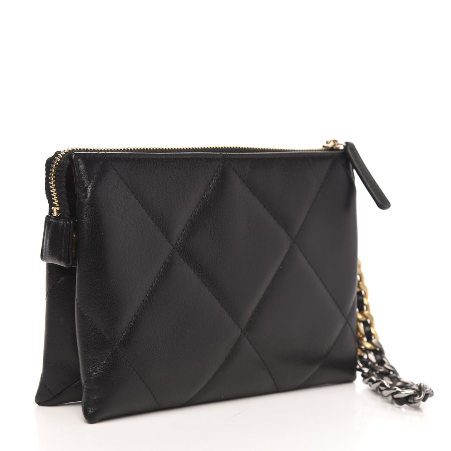 Shiny Goatskin Quilted Small Chanel 19 Pouch With Handle Black
