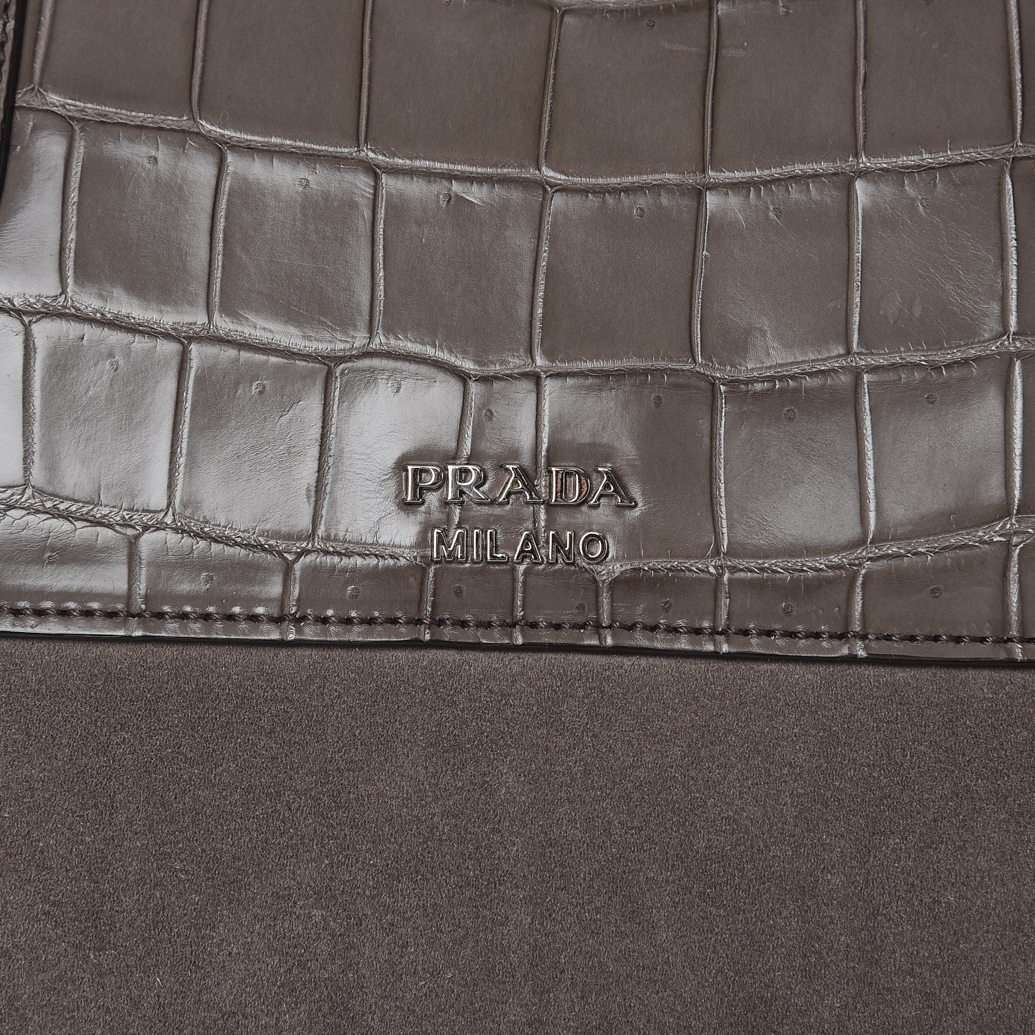 Prada Scamosciato Suede Crocodile Large Convertible Top Handle Tote Grigio 8 of 9