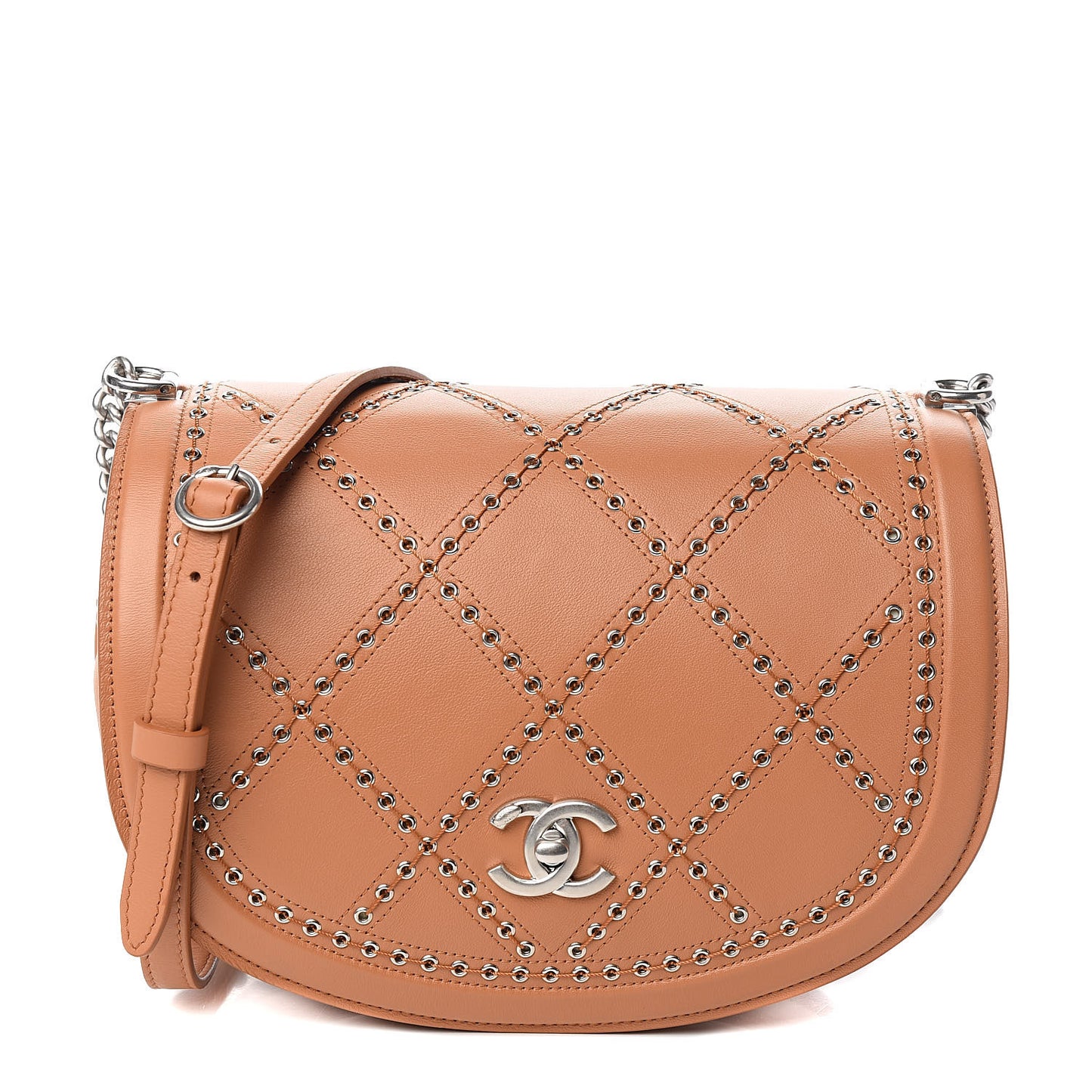 Calfskin Coco Eyelets Small Flap Bag Camel