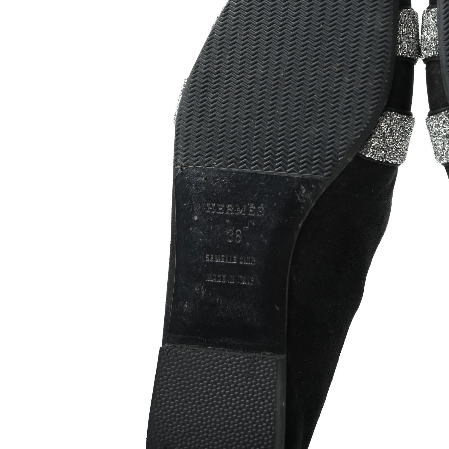 Hermes Suede Goatskin Crystal Roxane Mules 38 Gris Argente Black 7 of 8