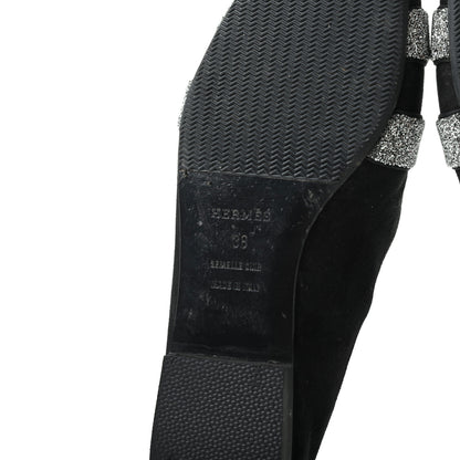 Hermes Suede Goatskin Crystal Roxane Mules 38 Gris Argente Black 7 of 8