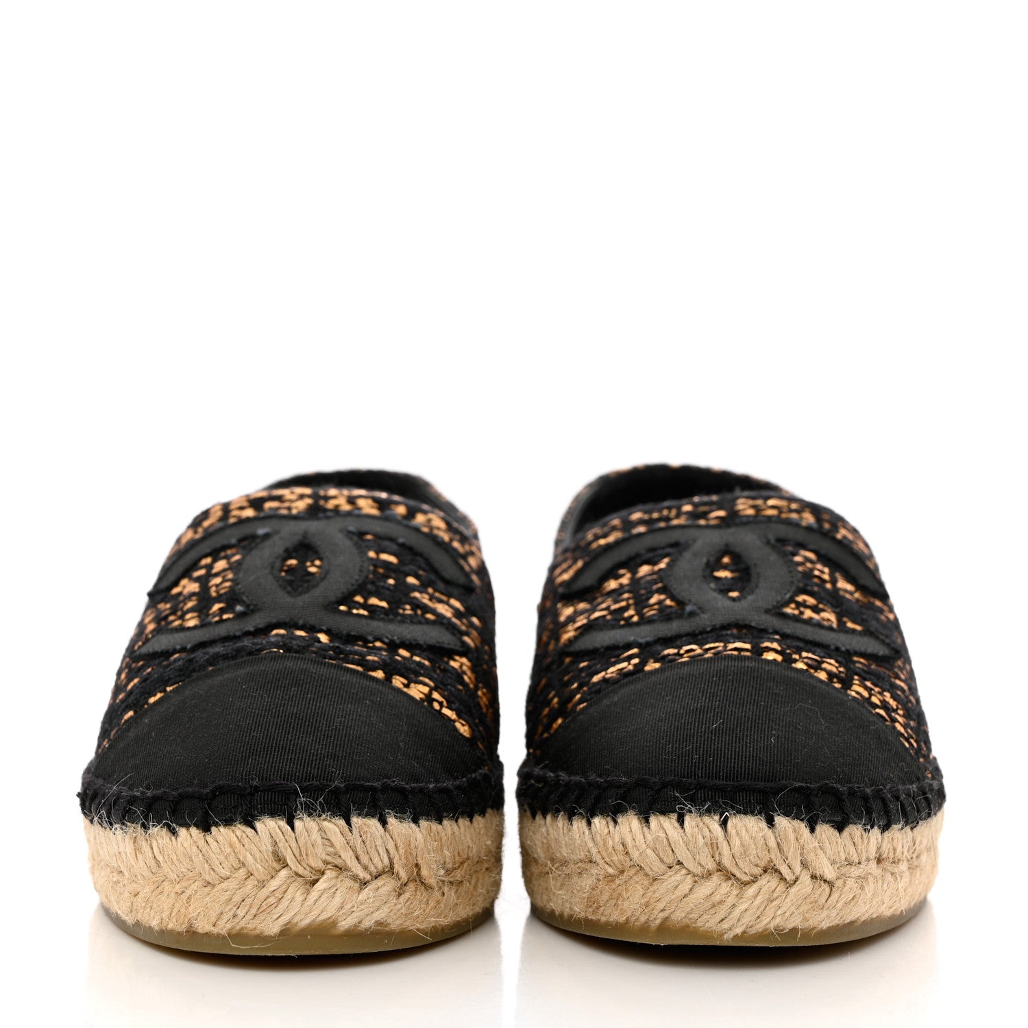 Chanel Metallic Tweed Grosgrain CC Espadrilles 38 Gold Black 2 of 9