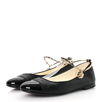 Chanel Lambskin Patent Calfskin Cap Toe Ankle Chain Ballerina Flats 37.5 Black 4 of 17