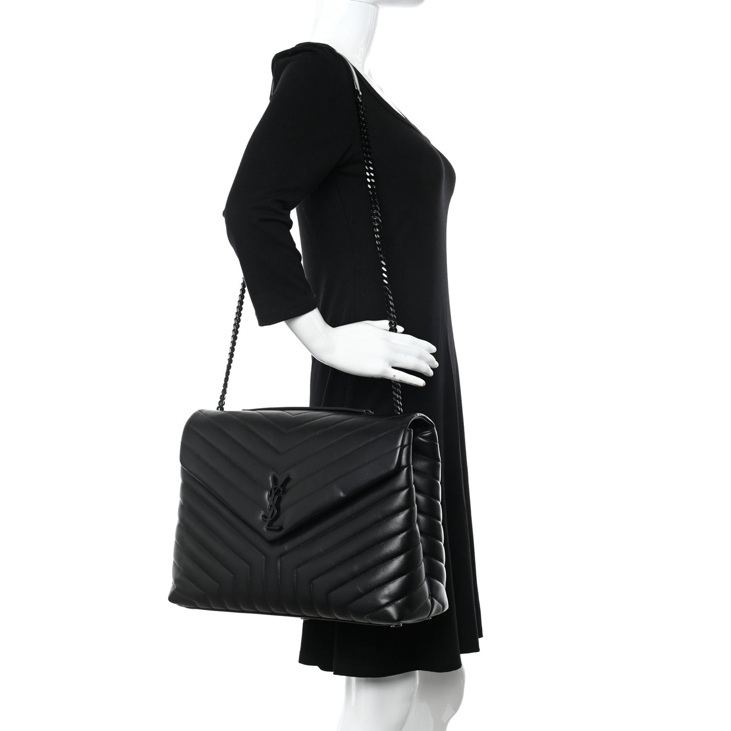 Calfskin Y Quilted Monogram Monochrome Large Loulou Chain Satchel Black