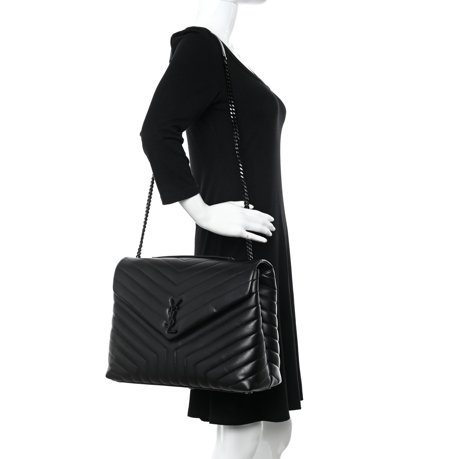 Saint Laurent Calfskin Y Quilted Monogram Monochrome Large Loulou Chain Satchel Black 2 of 10