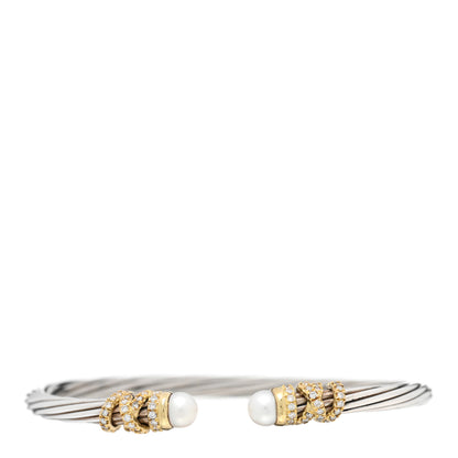 David Yurman Sterling Silver 18K Yellow Gold Diamond Cultured Pearl 4mm Helena Cuff Bracelet 1 of 3