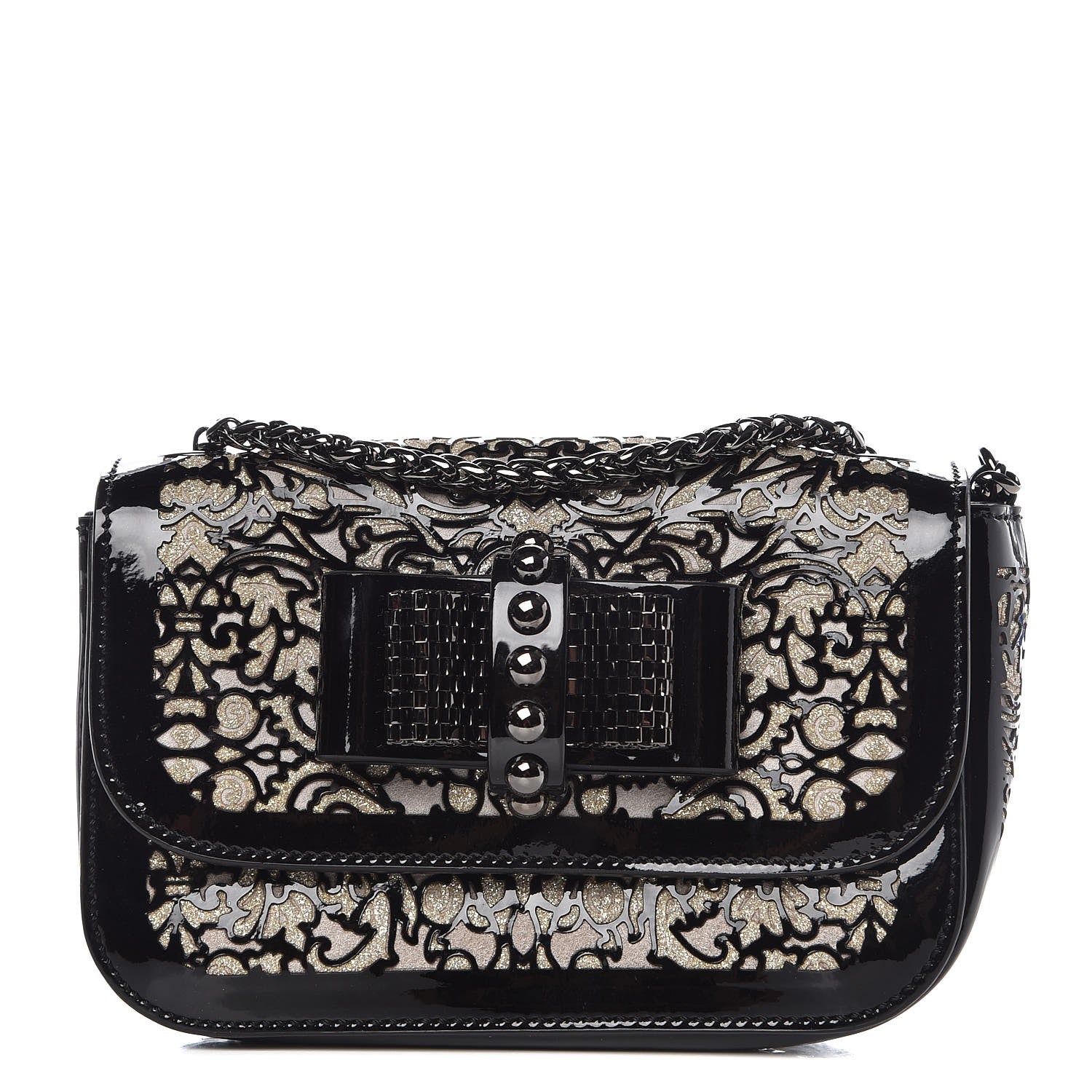 Christian Louboutin Patent Glitter Suede Chantily Lace Sweety Charity Crossbody Bag Black Ivory 1 of 6