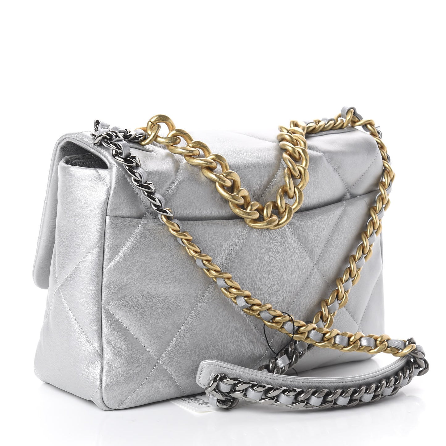Metallic Goatskin Quilted Large 19 Flap Silver
