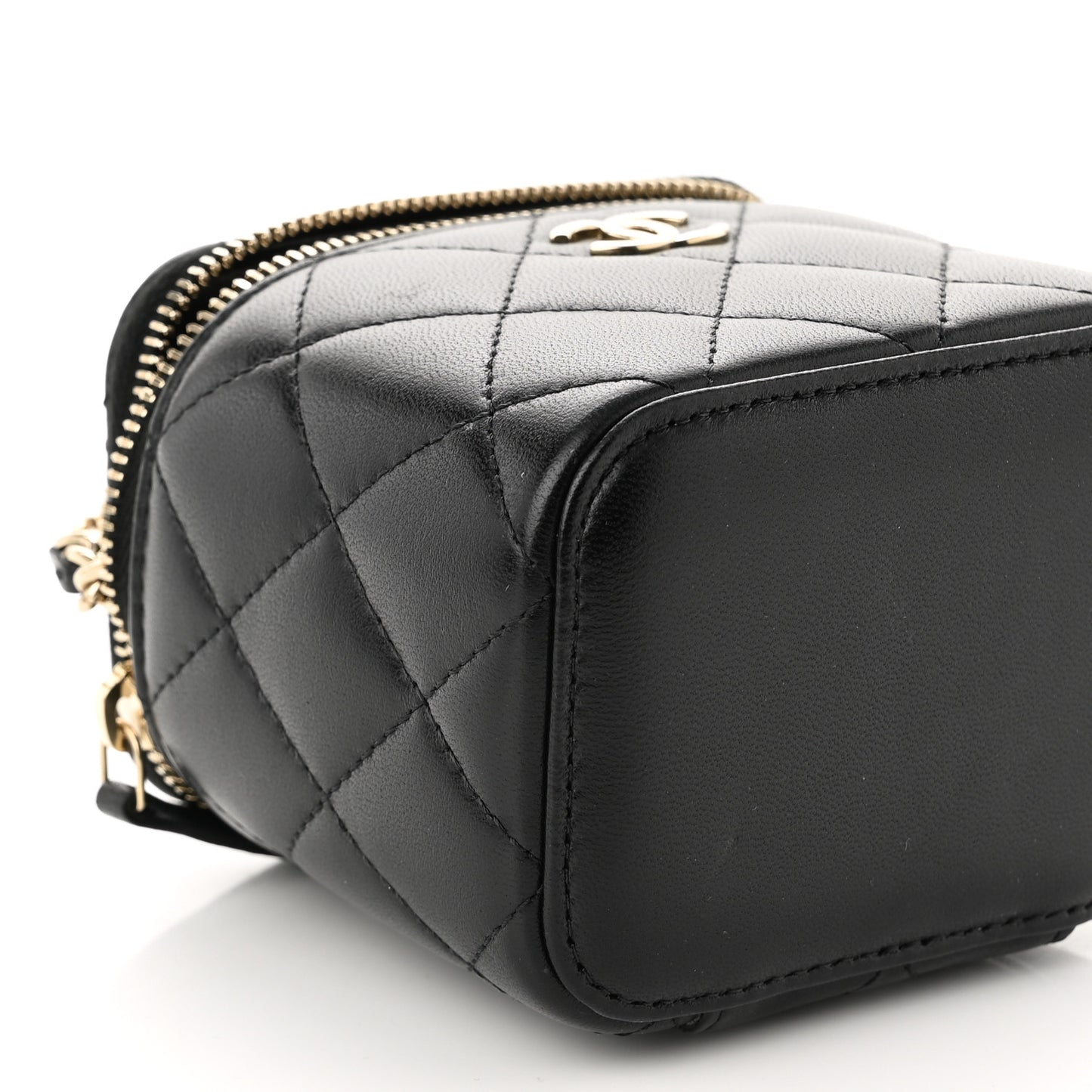 Lambskin Quilted Top Handle Mini Vanity Case With Chain Black