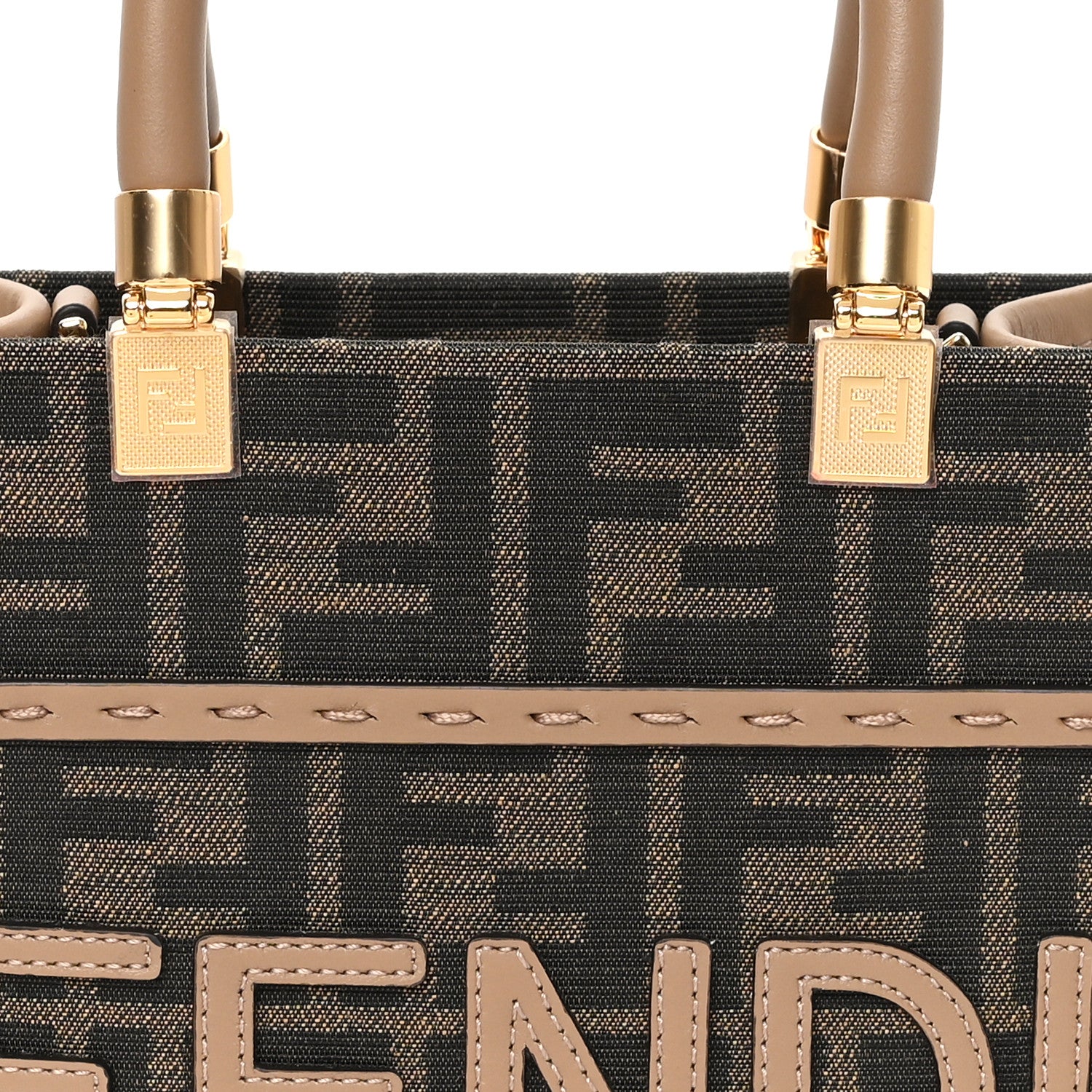 Fendi Fabric Jacquard Vitello Grace FF 1974 Logo Mini Sunshine Shopper Tobacco Moro Sand 8 of 10