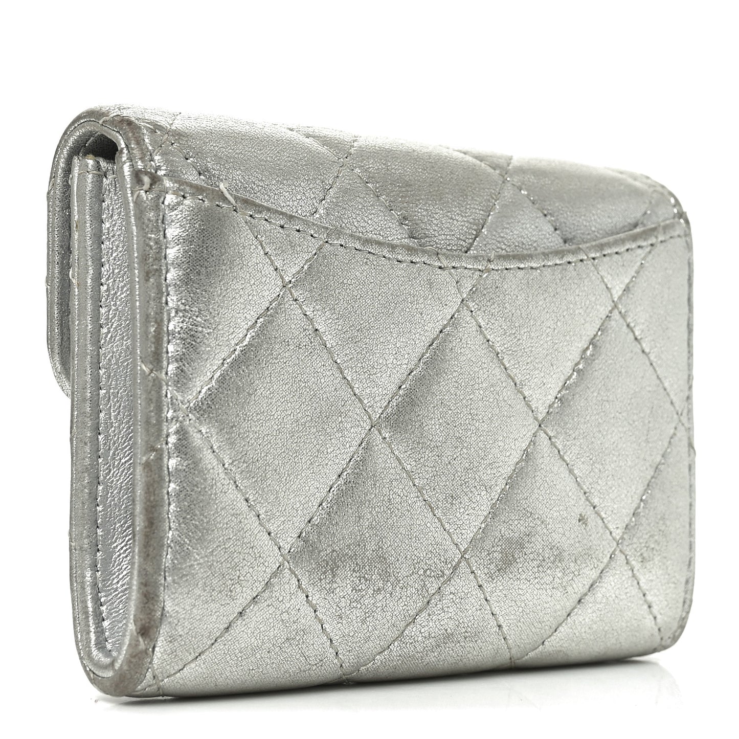 Metallic Lambskin Quilted Flap Card Holder Wallet Silver