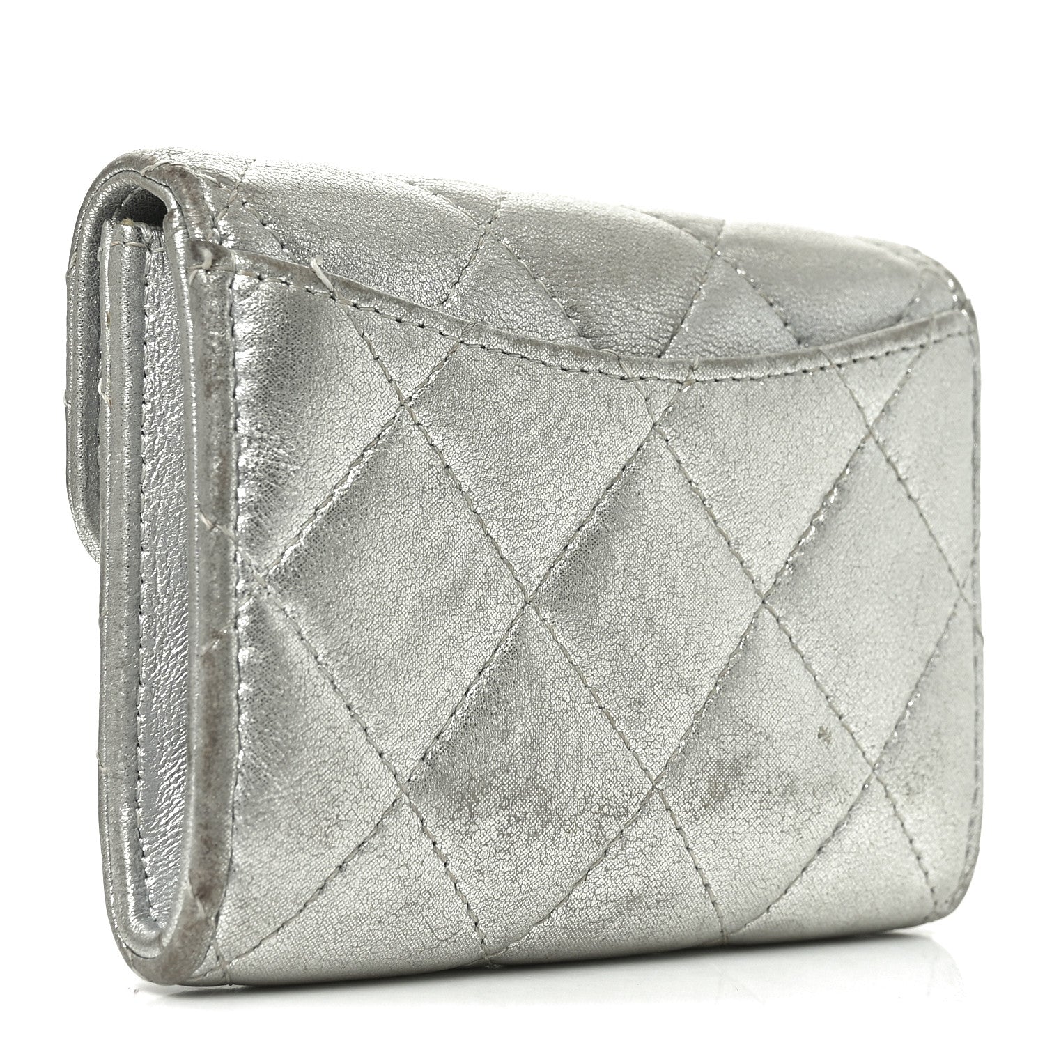 Chanel Metallic Lambskin Quilted Flap Card Holder Wallet Silver 3 of 11