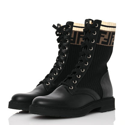 Fendi Calfskin Stretch Fabric Rockoko Biker Boots 36 Tobacco Black Marino 3 of 11