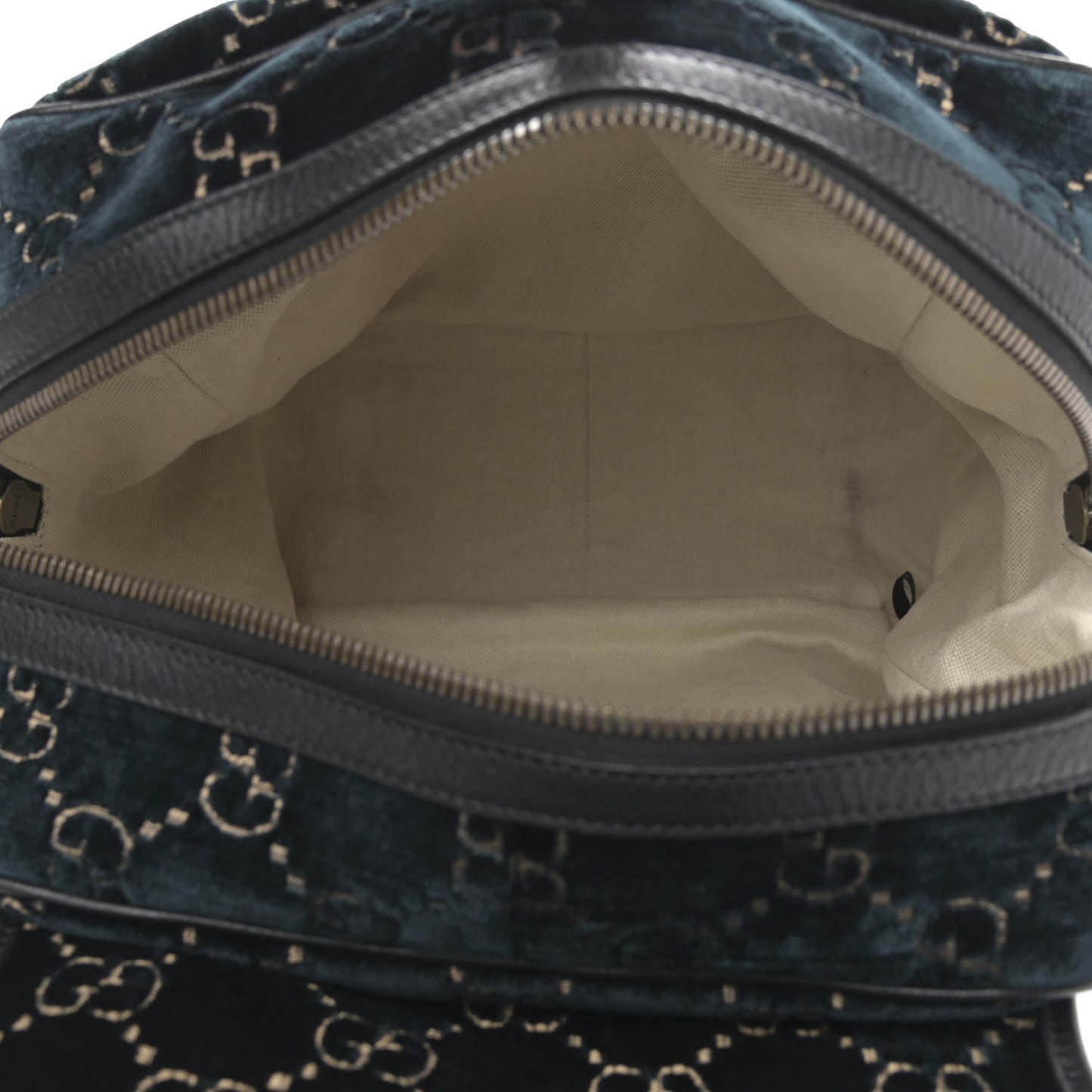 Velvet GG Monogram Textured Calfskin Web Small Double Buckle Backpack Blue Beige Black