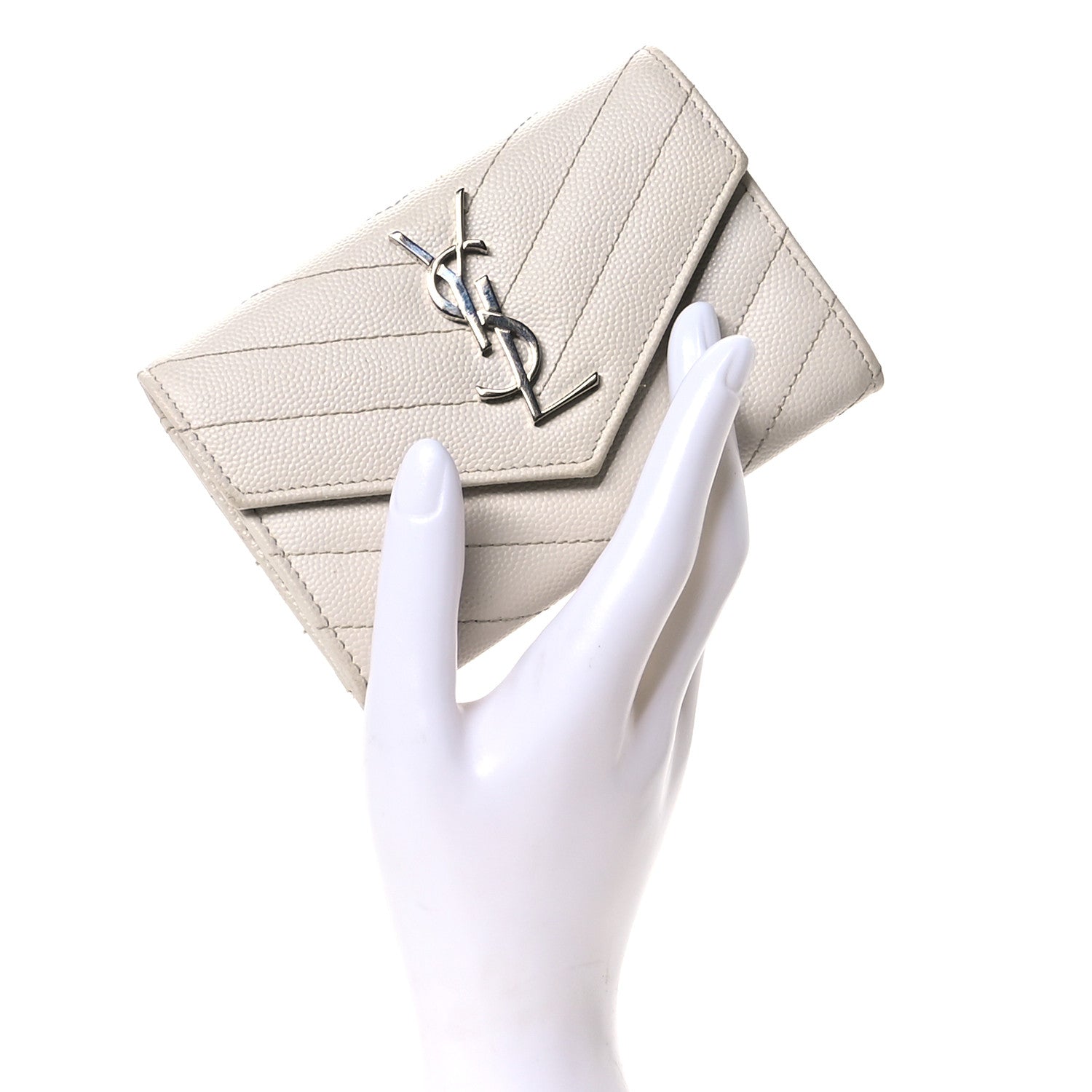 Saint Laurent Grain De Poudre Matelasse Chevron Small Monogram Envelope Wallet Crema Soft 2 of 9