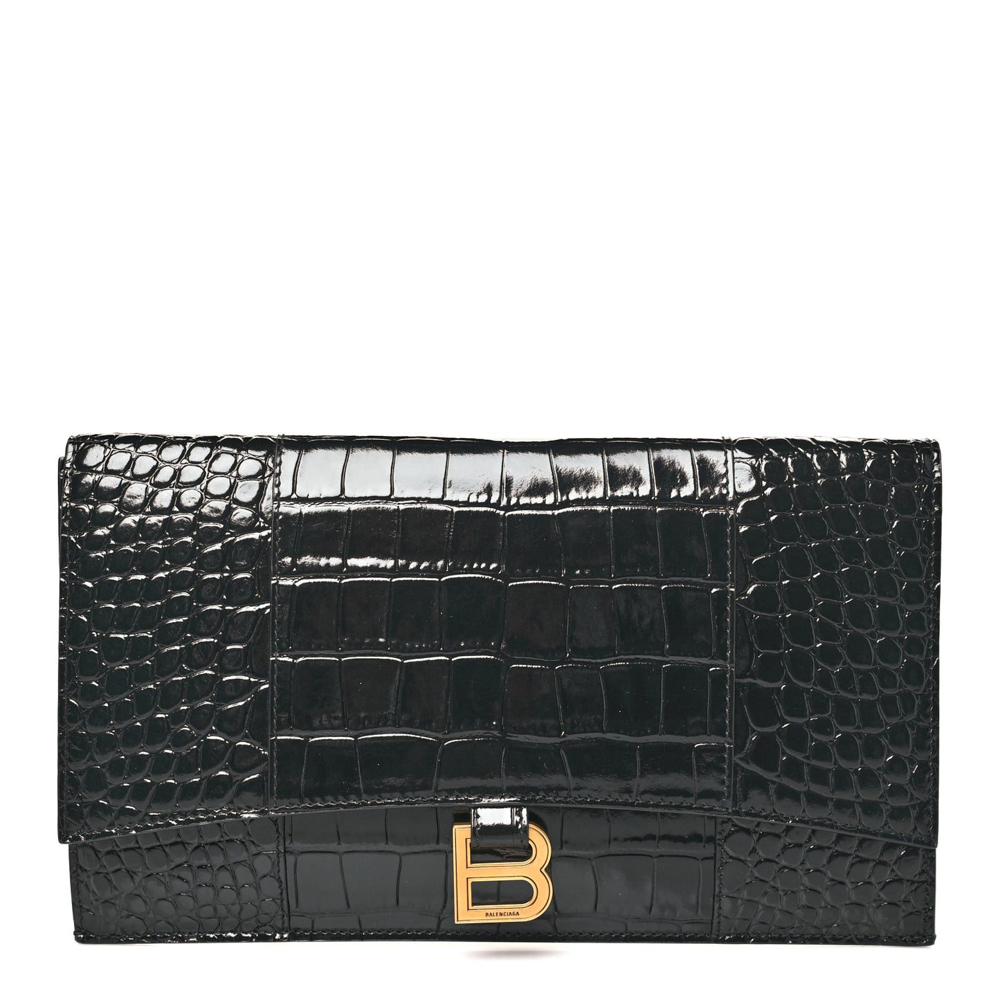 Shiny Calfskin Crocodile Embossed Hourglass Flap Flat Pouch Black