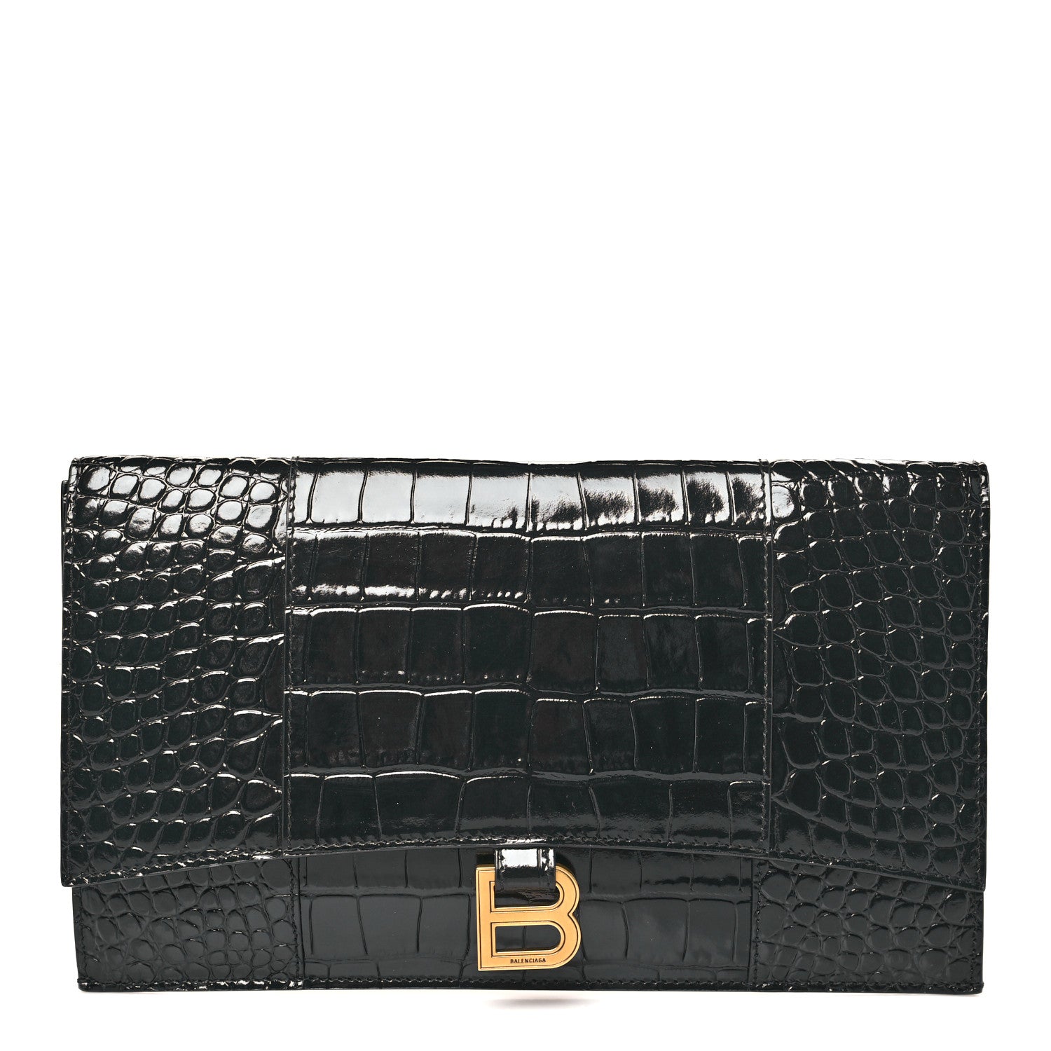 Balenciaga Shiny Calfskin Crocodile Embossed Hourglass Flap Flat Pouch Black 1 of 7