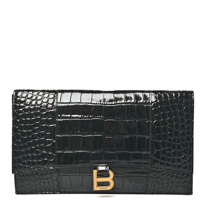 Balenciaga Shiny Calfskin Crocodile Embossed Hourglass Flap Flat Pouch Black 1 of 7