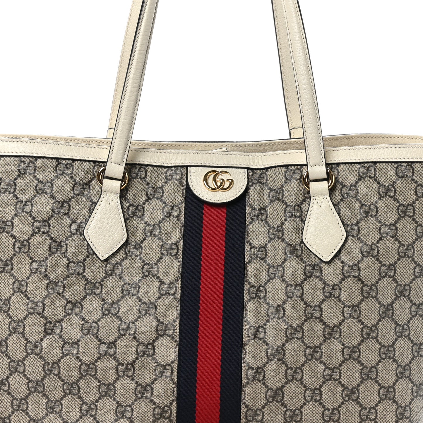 GG Supreme Monogram Textured Dollar Calfskin Web Medium Ophidia Shopping Tote Beige Ebony Mystic White