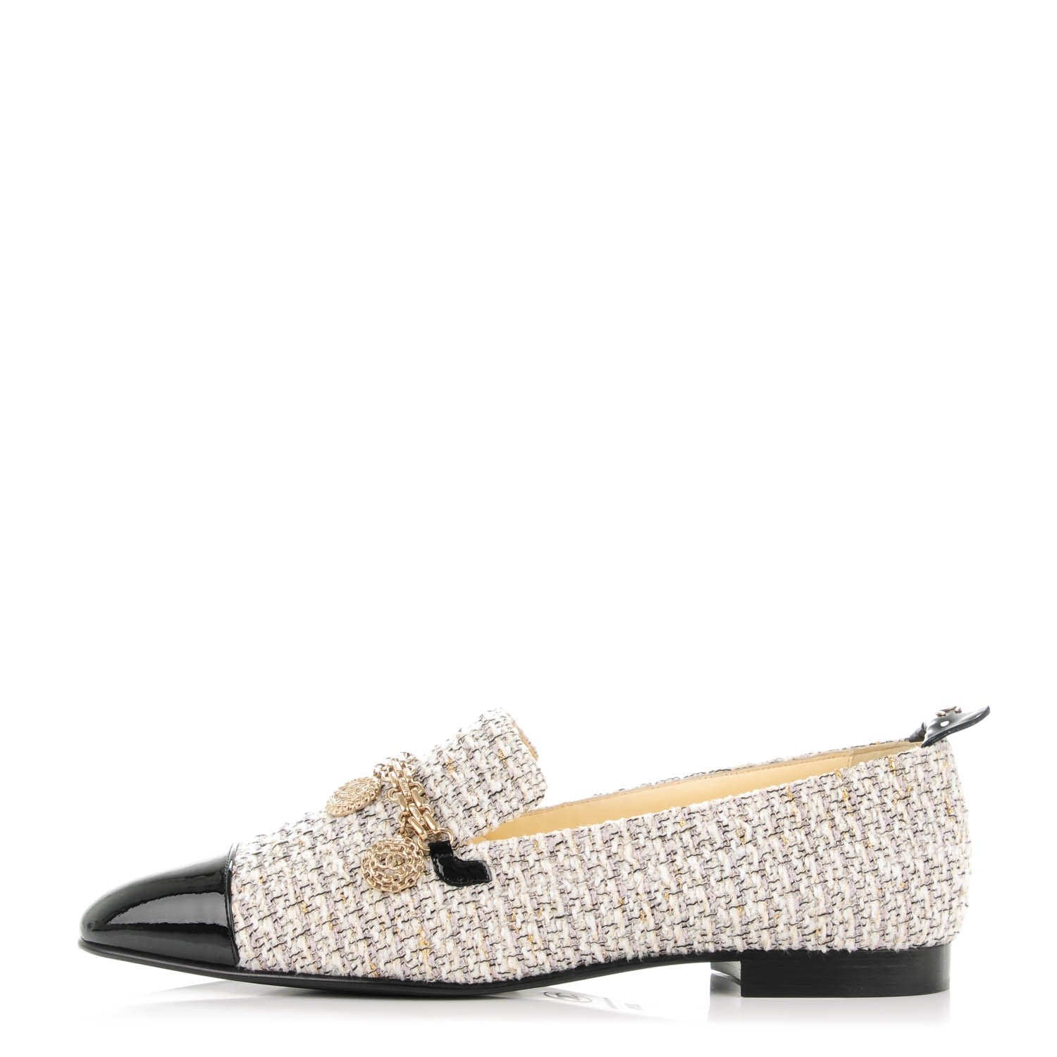 Chanel Tweed Patent Cap Toe Charm Loafers 39.5 Ecru Black Gold 1 of 11