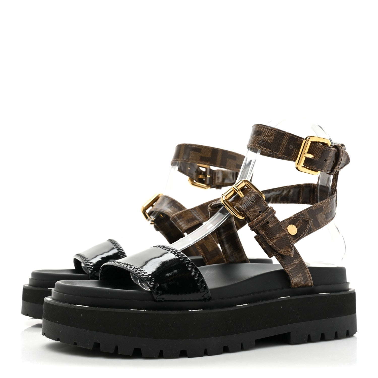 Fendi Vernice High-Tech Glazed Fabric FF Lug Sole Platform Sandals 37.5 Black Tobacco Moro 3 of 7