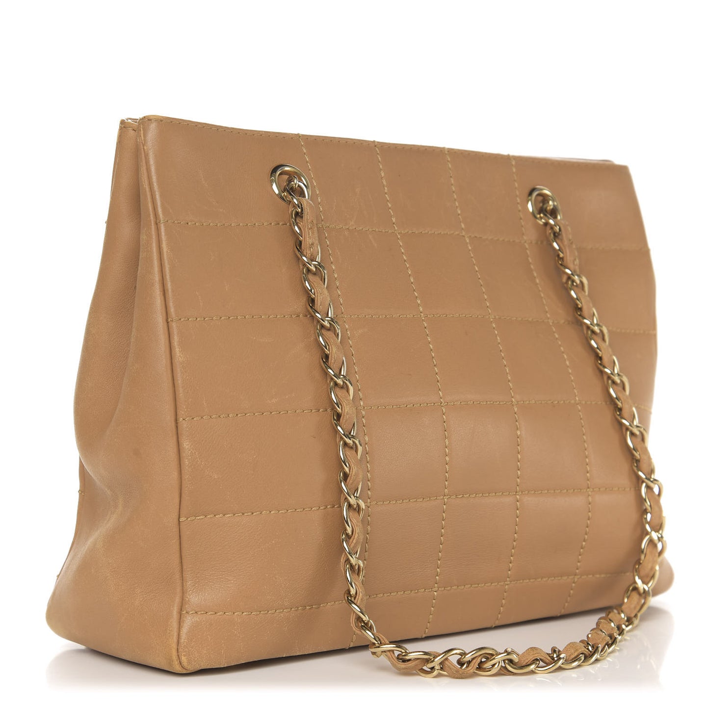 Calfskin Stitched Chocolate Bar Shopping Tote Beige