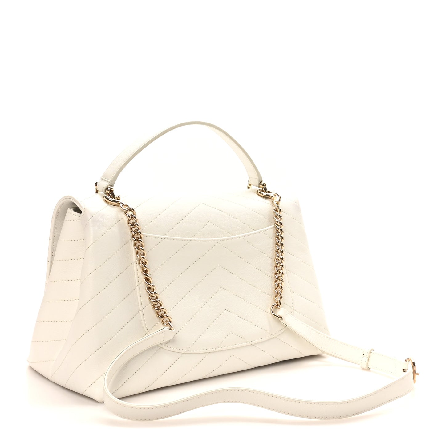 Grained Calfskin Stitched Medium Chevron Chic Top Handle Flap White