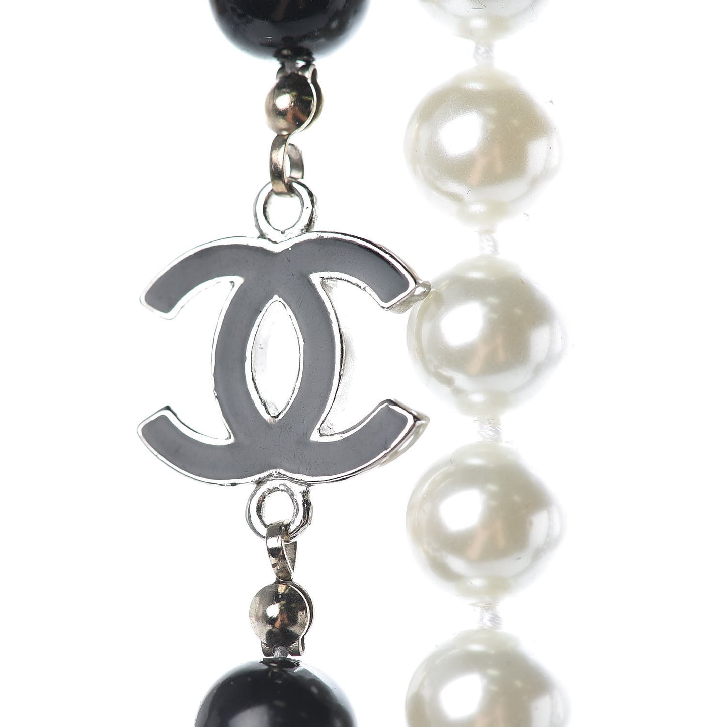 Pearl Beaded Enamel CC Long Necklace Black White