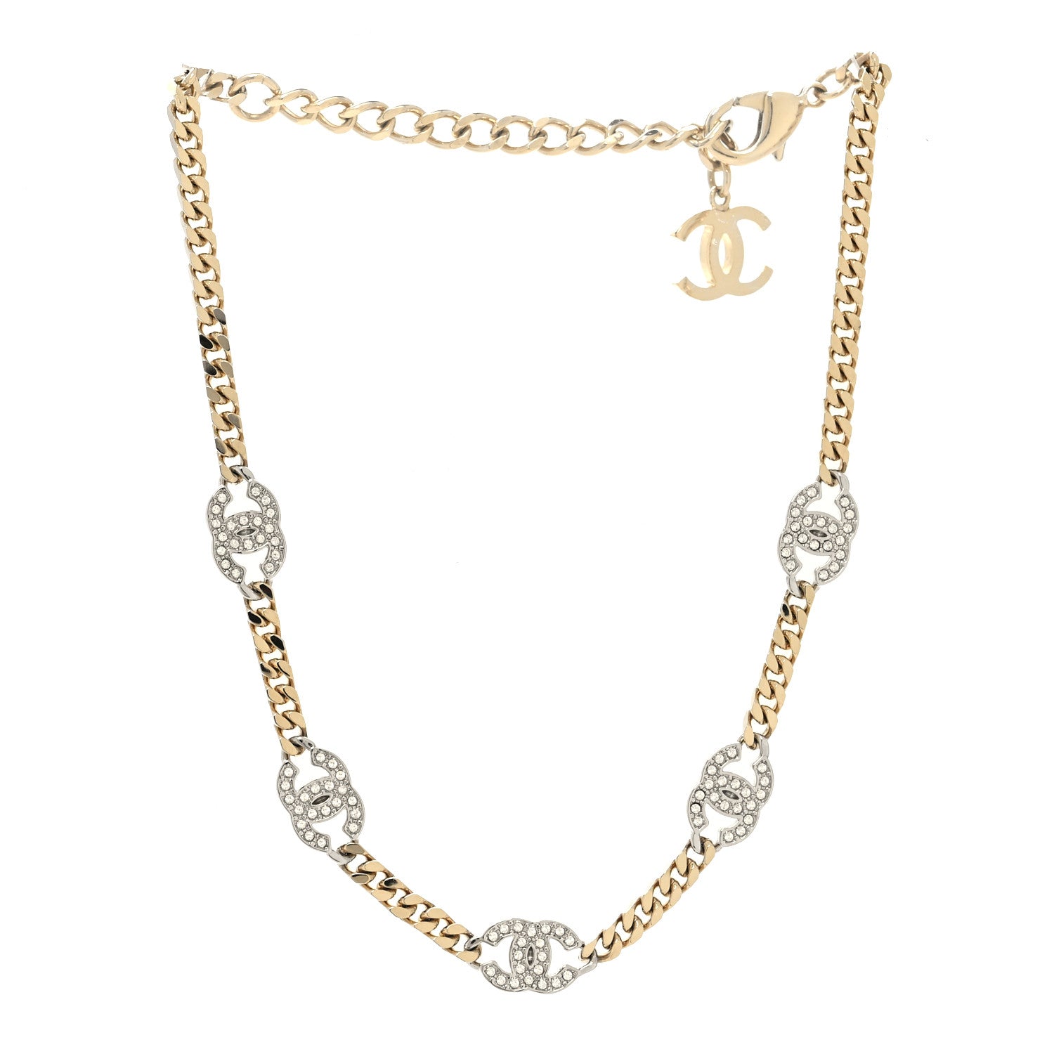 Chanel Crystal Chain CC Link Choker Gold Silver 3 of 5