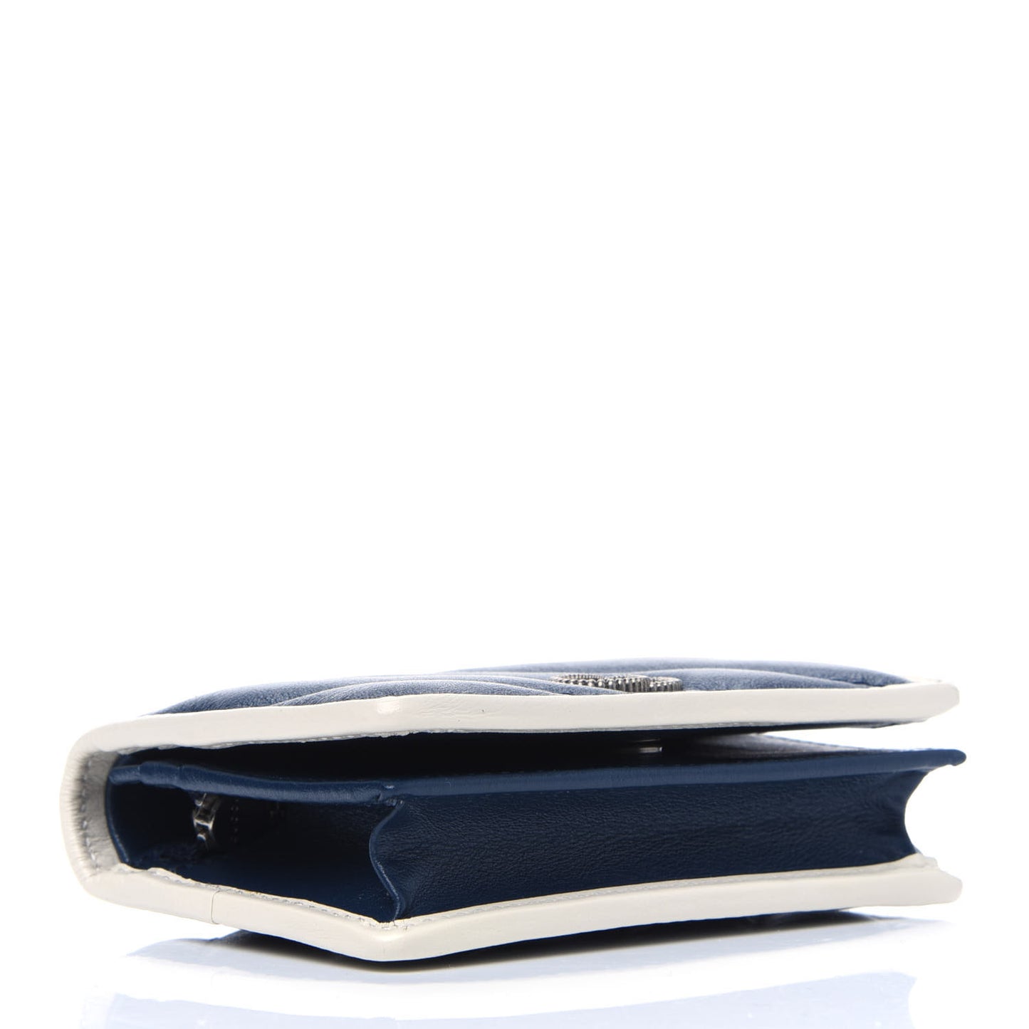 Vintage Effect Calfskin Matelasse Diagonal Torchon GG Marmont Card Case Wallet Blue Agata Mystic White
