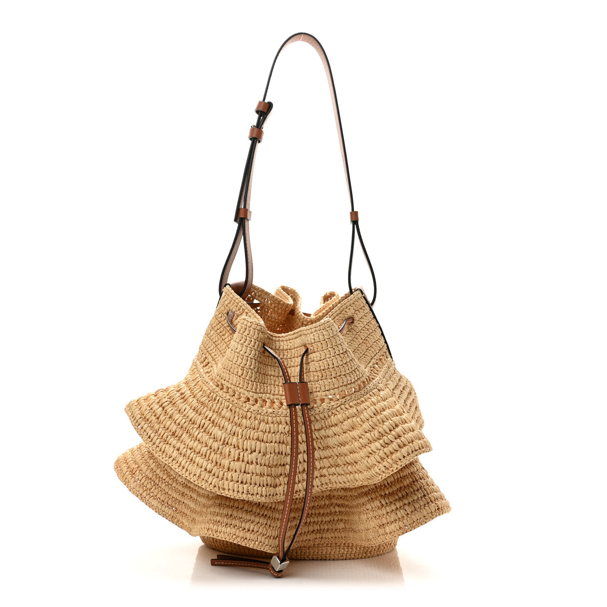 Raffia Calfskin Balloon Ruffles Bucket Bag Natural Tan